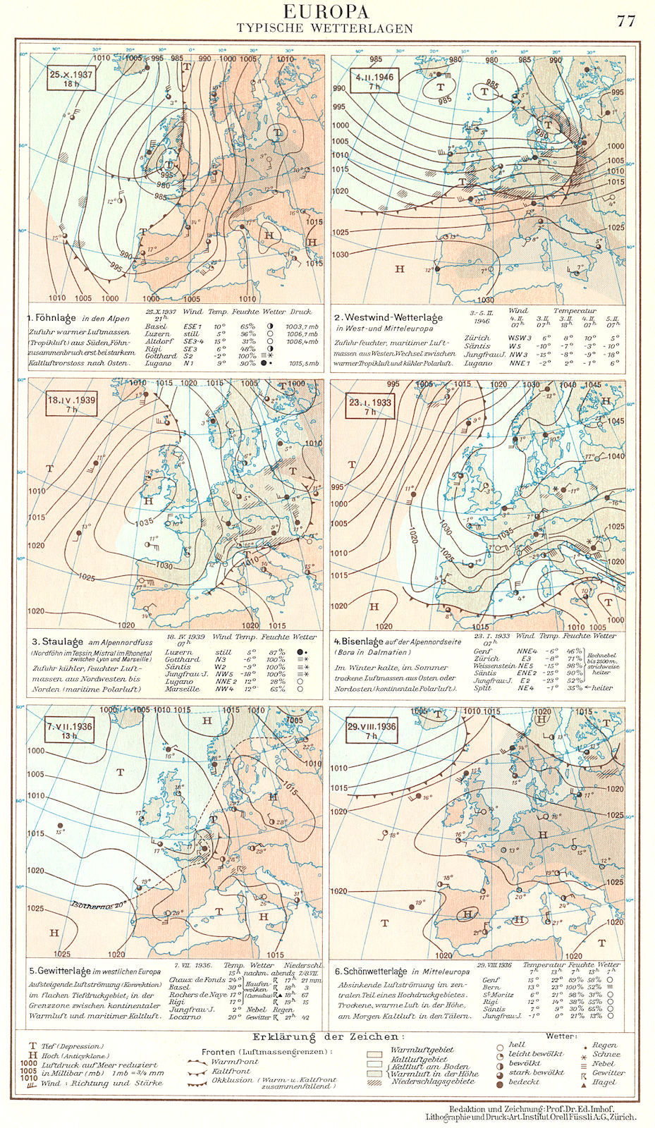 EUROPA.Wetterlagen;Fohnlage;Staulage;Bisenlage;Gewitterlage 1958 old map